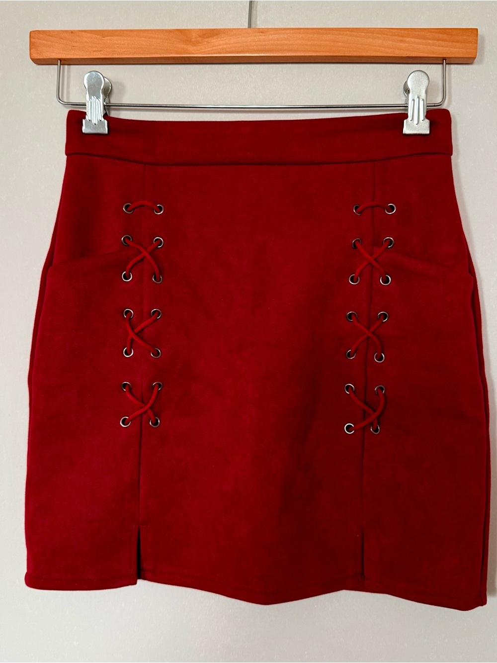 Cute Wine Red Suede-Look Lace-Up Mini Skirt Women Size S